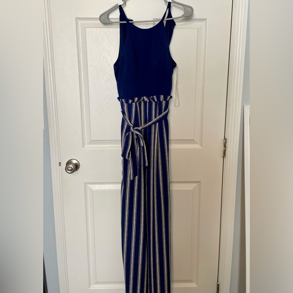 Navy blue romper with peach pin stripes